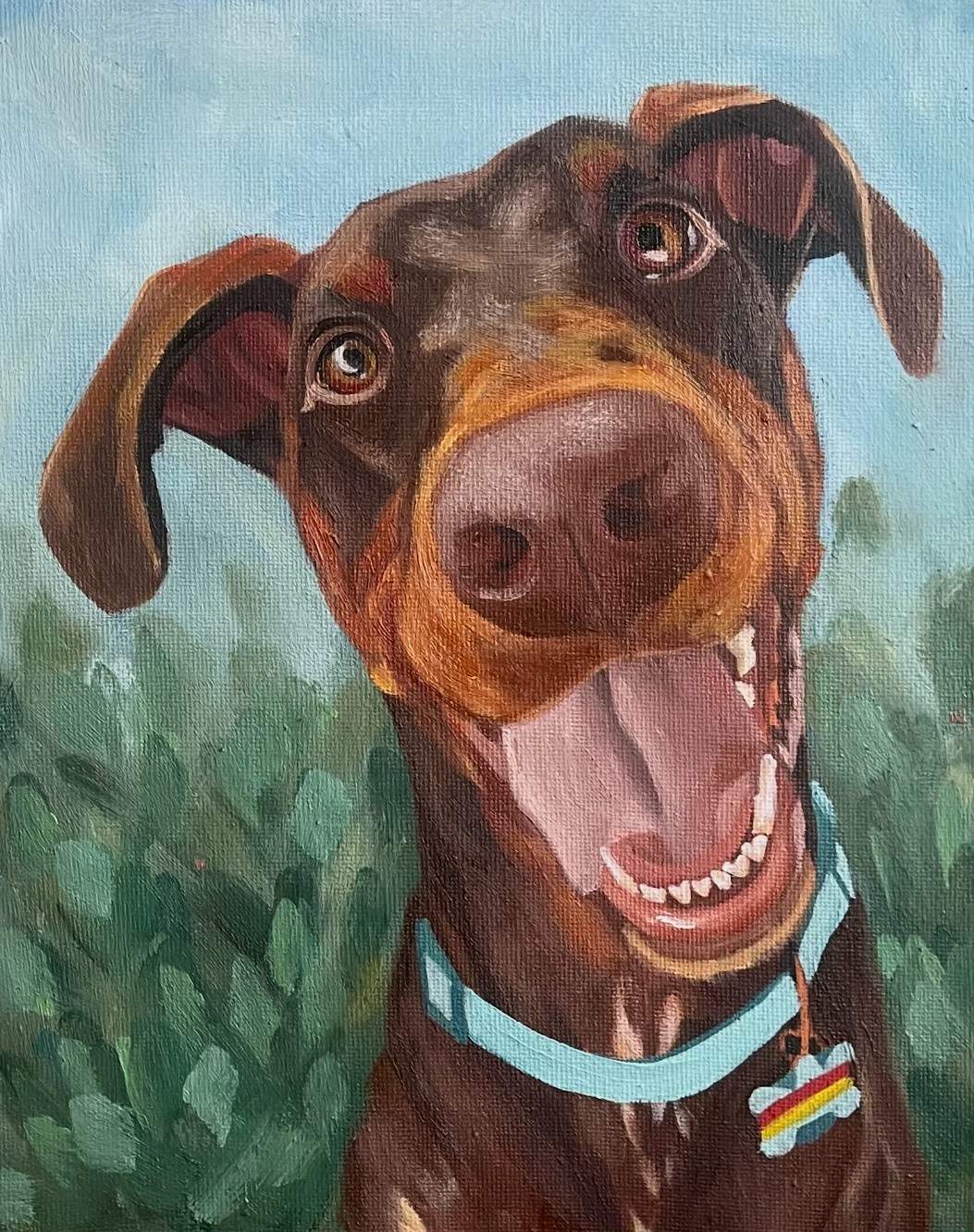 Oil portrait of a red doberman puppy grinning, with a blue collar and soft green background